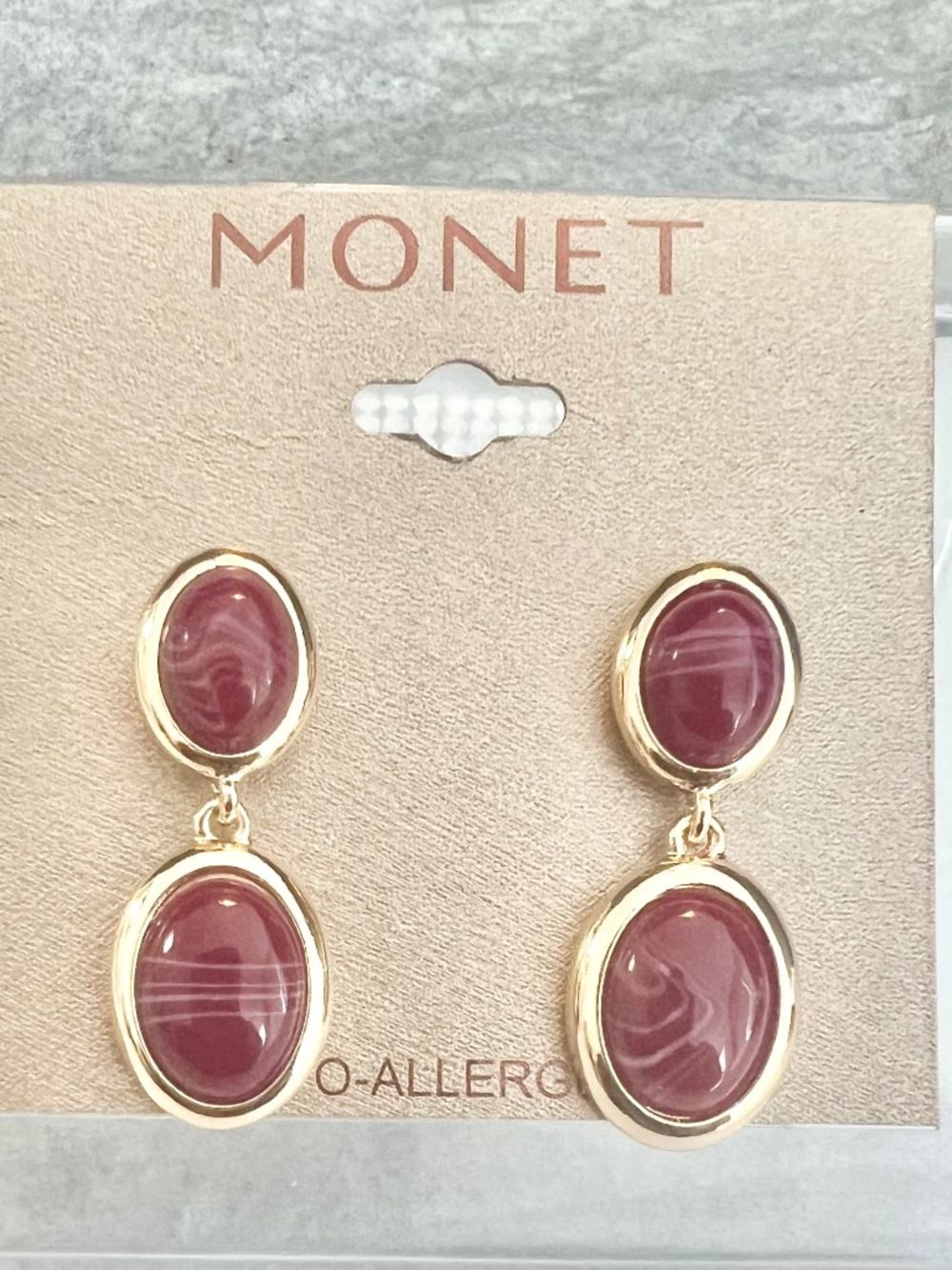 Monet Beautiful Gold-Tone Earrings with Deep Burgundy Ovals NWT